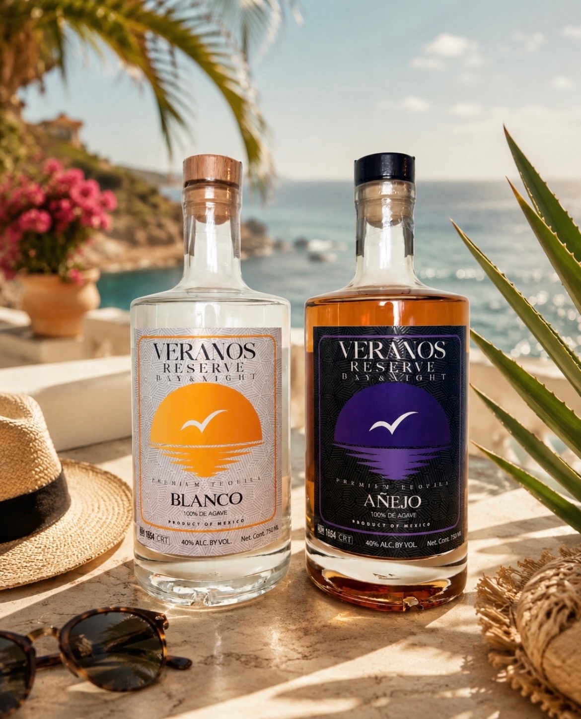 Veranos Tequila bottles on natural stone surface