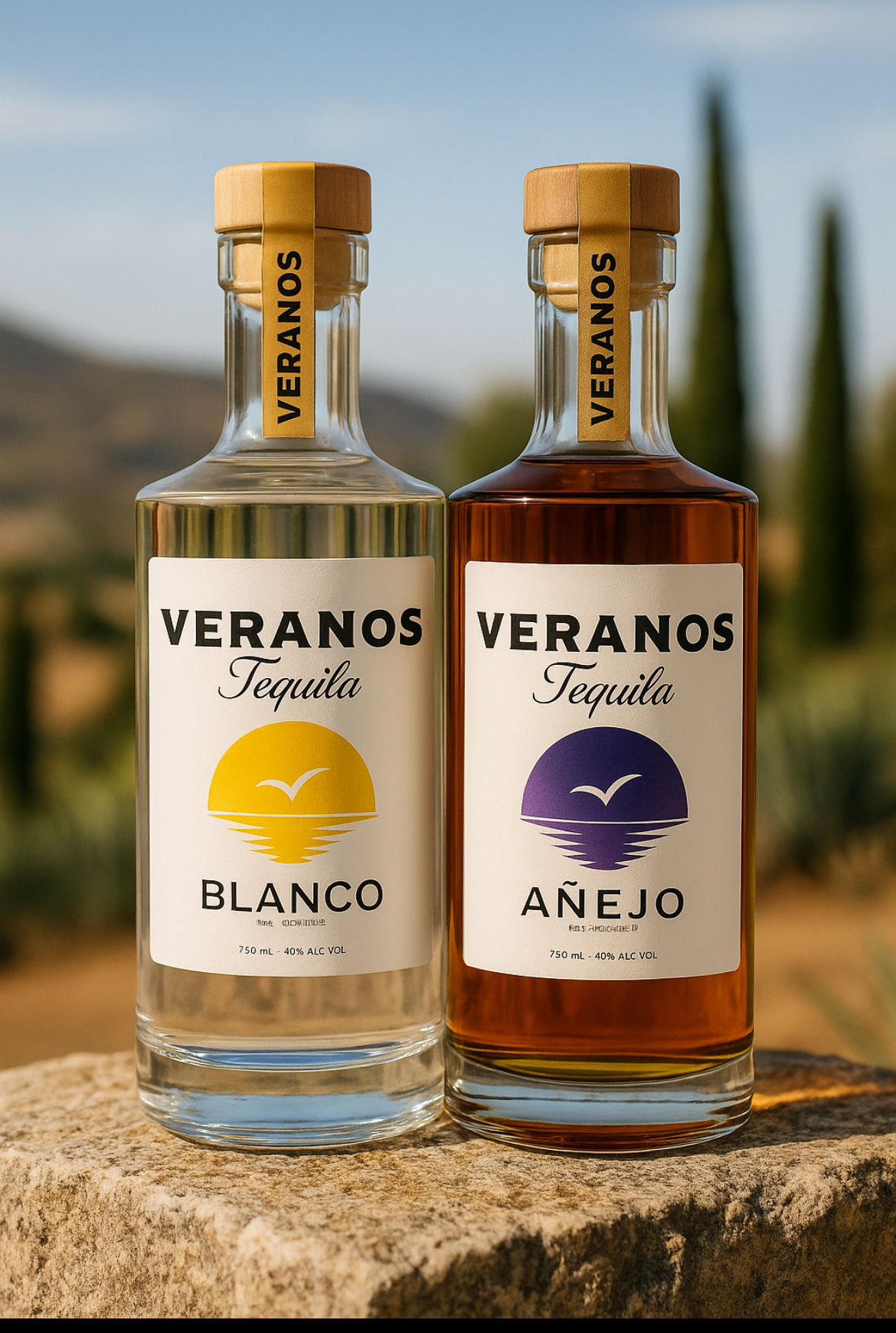 Veranos Tequila bottles on natural stone surface